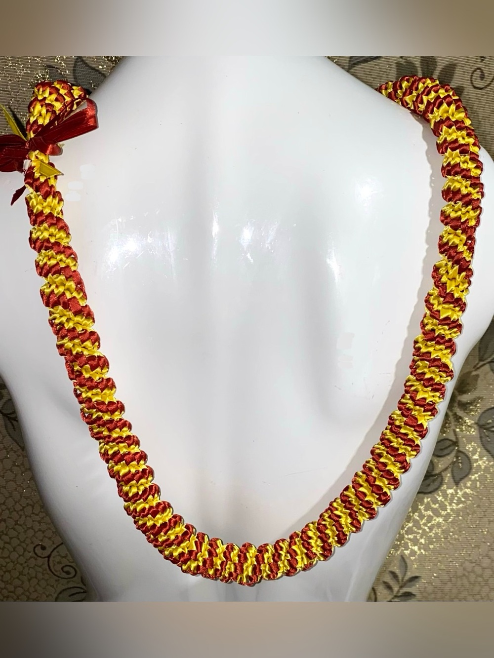 Handmade Red Yellow Ribbon Lei Necklace Hawaiian Graduation Party Luau 18”